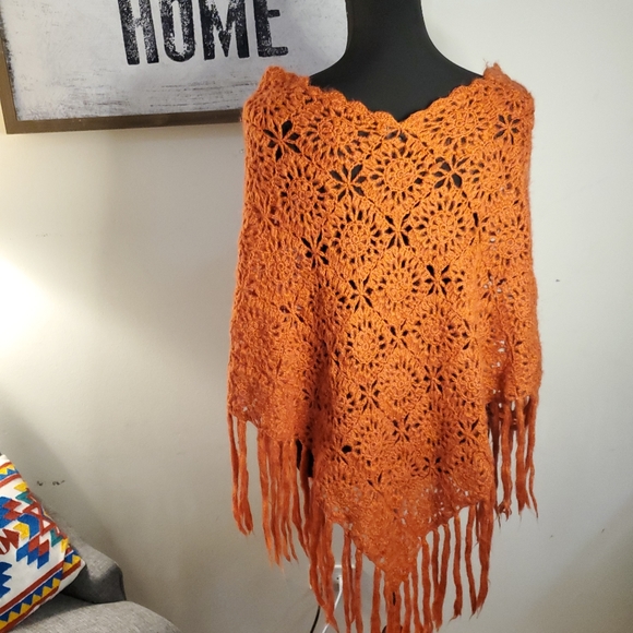 American Attitudes Sweaters - American Attitudes Orange Crochet Poncho One size fits most
